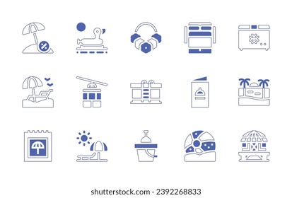 Holiday icon set. Duotone style line stroke and bold. Vector illustration. Containing sunshade, beach, holidays, sofa bed, menu, beach ball, necklace, swimming pool, sand bucket, float, cable car.