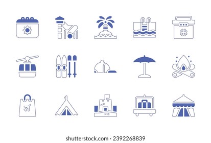 Holiday icon set. Duotone style line stroke and bold. Vector illustration. Containing summer, cableway, shopping bag, swimming pool, sun umbrella, luggage cart, island, baseball cap, sand castle.