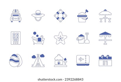 Holiday icon set. Duotone style line stroke and bold. Vector illustration. Containing holidays, building, easter egg, sand bucket, plane tickets, lifesaver, starfish, hut, terrace, picnic table.