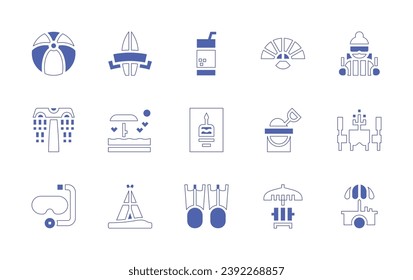 Holiday icon set. Duotone style line stroke and bold. Vector illustration. Containing juice, fan, greeting card, sand bucket, flipper, sunbed, ball, hiking, mushroom shower, restaurant, diving mask.