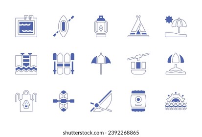 Holiday icon set. Duotone style line stroke and bold. Vector illustration. Containing lantern, umbrella, beach chair, swimming pool, apron, tent, cableway, potato chips, beach, sunrise, kayak, ski.