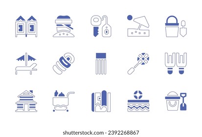 Holiday icon set. Duotone style line stroke and bold. Vector illustration. Containing room key, beach umbrella, float, racket, magazine, swimming pool, dressing room, sand bucket, sunbed, flippers.