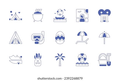 Holiday icon set. Duotone style line stroke and bold. Vector illustration. Containing tent, trailer, picture, beach umbrella, ball, gold pot, snorkel, pineapple, hotel, mid autumn festival, decorative
