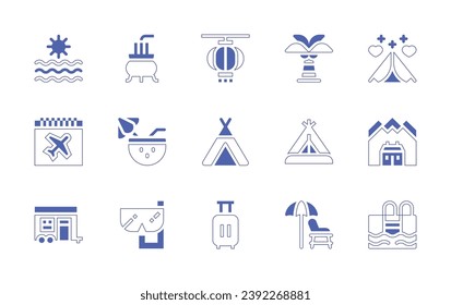 Holiday icon set. Duotone style line stroke and bold. Vector illustration. Containing sea, calendar, caravan, palm, tent, lifeguard chair, incense, cocktail, goggles, paper lantern, camp, baggage, hot