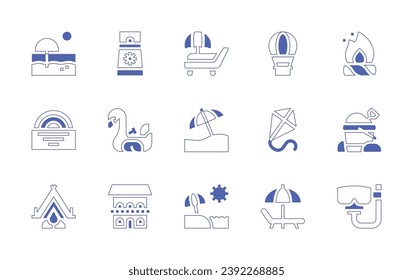 Holiday icon set. Duotone style line stroke and bold. Vector illustration. Containing beach, sunset, camping, hot air balloon, kite, sunbed, sun block, swan boat, hotel, bonfire, sand bucket, diving.