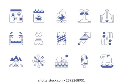 Holiday icon set. Duotone style line stroke and bold. Vector illustration. Containing camping, island, firework, ice cream, pants, ocean, tent, flippers, rubber ring, calendar, fireplace, beach towel.
