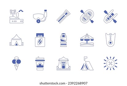 Holiday icon set. Duotone style line stroke and bold. Vector illustration. Containing rafting, beach, tent, palm tree, camping tent, ice cream cone, lifeboat, flippers, summer sale, diving mask.