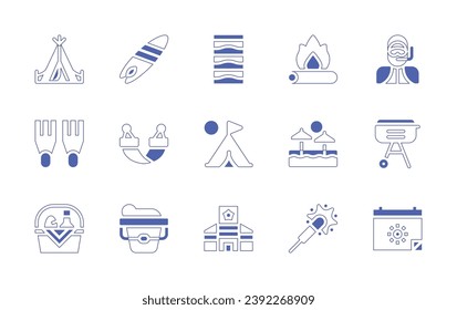 Holiday icon set. Duotone style line stroke and bold. Vector illustration. Containing bonfire, beach sunset, party, tent, flippers, basket, diving, barbecue, calendar, surfing board, hammock, sand.