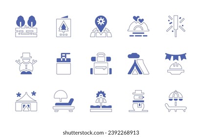 Holiday icon set. Duotone style line stroke and bold. Vector illustration. Containing sunset, tent, snowman, trees, sparkler, labour day, sunbed, placeholder, backpack, parasol, christmas card, swim.