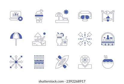 Holiday icon set. Duotone style line stroke and bold. Vector illustration. Containing sunbathing, cocktail, canoeing, diving mask, fireworks, location, milkshake, sunbed, towel, cooking, food basket.