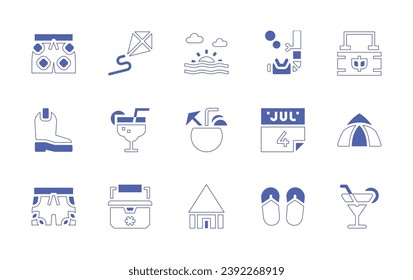 Holiday icon set. Duotone style line stroke and bold. Vector illustration. Containing sunset, coconut drink, house, snorkeling, th of july, flip flops, kite, martini, ice box, basket, tent, cocktail.
