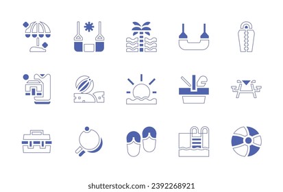 Holiday icon set. Duotone style line stroke and bold. Vector illustration. Containing palm tree, sunset, flip flops, hammock, beach ball, racket, sleeping bag, table, beach umbrella, vacations, tackle