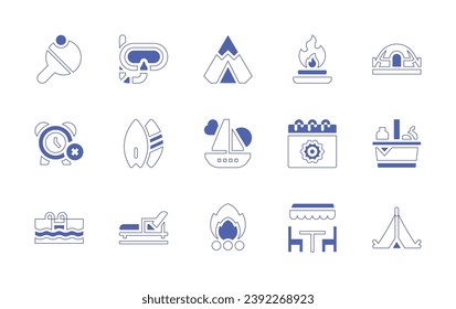 Holiday icon set. Duotone style line stroke and bold. Vector illustration. Containing tent, boat, fireplace, snorkel, surfboard, lounger, picnic, camping, rackets, no alarm, swimming pool, bonfire.