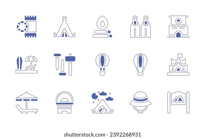 Holiday icon set. Duotone style line stroke and bold. Vector illustration. Containing bonfire, hot air balloon, tent, camping tent, hammer, sand bucket, sand castle, sign, towel, beach, parasol, fins.