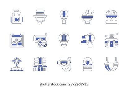 Holiday icon set. Duotone style line stroke and bold. Vector illustration. Containing backpack, nature, palm, hot air balloon, ice cream, dive, sleeping bag, sun hat, snorkel, hotel, beach, cableway.