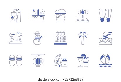 Holiday icon set. Duotone style line stroke and bold. Vector illustration. Containing bucket, calendar, luggage, picnic basket, snowman, chinese lantern, fins, surfboard, beach ball, shopping bag.