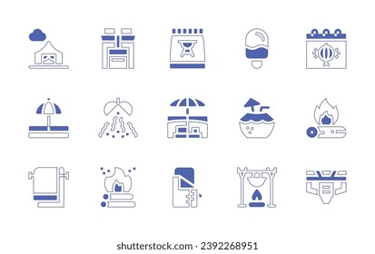 Holiday icon set. Duotone style line stroke and bold. Vector illustration. Containing backpack, confetti ball, bonfire, chinese new year, harness, coal, beach, sleeping bag, architecture and city.