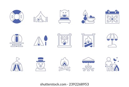 Holiday icon set. Duotone style line stroke and bold. Vector illustration. Containing tent, snowman, calendar, beach umbrella, camping, single bed, cook, bonfire, float, beach ball, circus tent, wood.