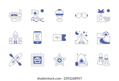 Holiday icon set. Duotone style line stroke and bold. Vector illustration. Containing beach, hot air balloon, booking, plane ticket, calendar, starfish, fins, dive, castle, rafting, sunglasses, tent.