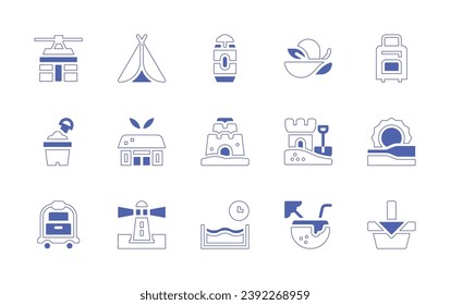 Holiday icon set. Duotone style line stroke and bold. Vector illustration. Containing travel, sun, picnic basket, tent, eco hotel, lighthouse, cable car cabin, beer can, sand castle, schedule, sand.