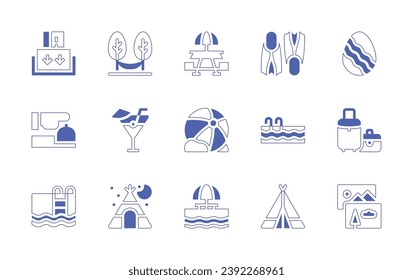 Holiday icon set. Duotone style line stroke and bold. Vector illustration. Containing easter egg, luggage, pictures, hammock, cocktail, tent, keycard, picnic table, beach ball, swimming pool.