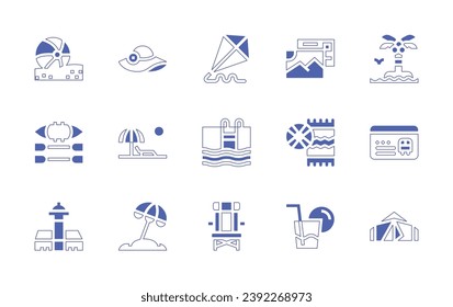 Holiday icon set. Duotone style line stroke and bold. Vector illustration. Containing island, member card, tent, pamela hat, beach, beach ball, canoe, lighthouse, kite, swimming pool, beach chair.