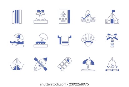 Holiday icon set. Duotone style line stroke and bold. Vector illustration. Containing tent, palm tree, bonfire, island, ticket, towel, kayak, sleeping bag, beach towel, umbrella, origami, surf, fan.