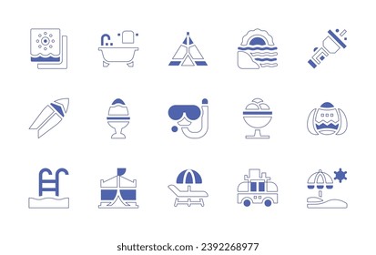 Holiday icon set. Duotone style line stroke and bold. Vector illustration. Containing picture, surfboard, swimming pool, beach, ice cream, van, tent, diving mask, sunbed, flashlight, easter eggs.
