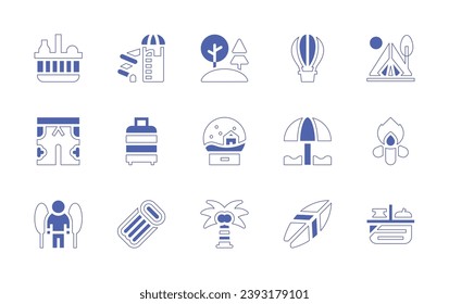 Holiday icon set. Duotone style line stroke and bold. Vector illustration. Containing  basket, swimsuit, forest, hot air balloon, snowball, beach umbrella, coconut tree, surfboard, water park, luggage