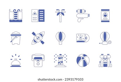 Holiday icon set. Duotone style line stroke and bold. Vector illustration. Containing smartphone, hot air balloon, backpack, menu, palm tree, kayak, freezer, lighthouse, ladder, sand bucket, bell.