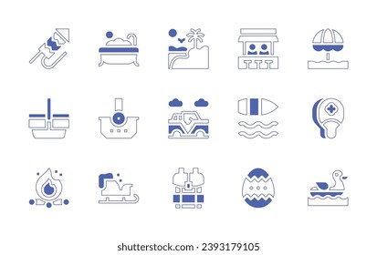 Holiday icon set. Duotone style line stroke and bold. Vector illustration. Containing fireworks, picnic basket, bonfire, oasis, bar, jeep, backpack, easter egg, boat, bathtub, sleigh, sun umbrella.