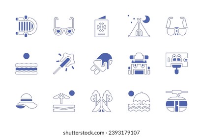 Holiday icon set. Duotone style line stroke and bold. Vector illustration. Containing inflatable boat, sea, hat, card, tent, ice cream, backpack, camping, beach, sun glasses, sparkler, sunglasses.