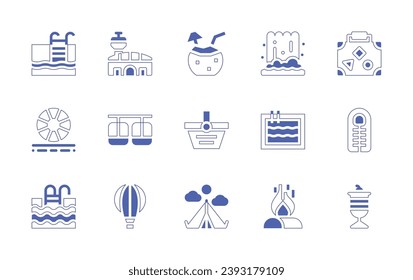 Holiday icon set. Duotone style line stroke and bold. Vector illustration. Containing airport, coconut water, cable car, basket, hot air balloon, camping, suitcase, sleeping bag, ice cream cup, pool.