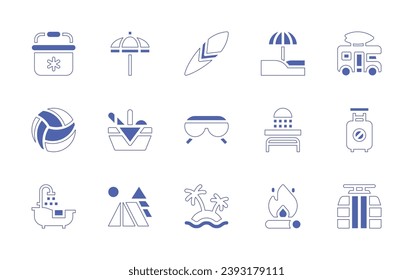 Holiday icon set. Duotone style line stroke and bold. Vector illustration. Containing beach umbrella, surfboard, picnic basket, sunglasses, camp, island, van, no travelling, cable car, fridge, beach.