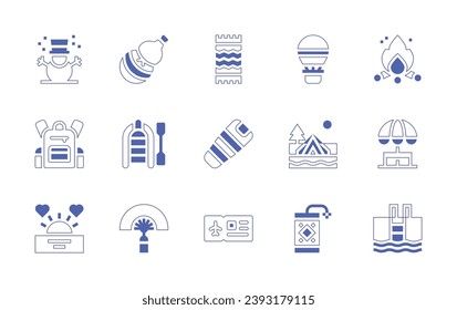 Holiday icon set. Duotone style line stroke and bold. Vector illustration. Containing snowman, backpack, sunset, beach towel, hot air balloon, sleeping bag, ticket, fireworks, camping, calabash.