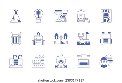 Holiday icon set. Duotone style line stroke and bold. Vector illustration. Containing hot air balloon, cocktails, baggage, camping tent, conveyor belt, firewood, sunbathing, backpack, easter eggs.