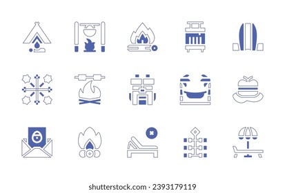 Holiday icon set. Duotone style line stroke and bold. Vector illustration. Containing camping, fireworks, greeting card, bonfire, luggage, waterproof, no tanning, hammock, campfire, surfboard, hat.