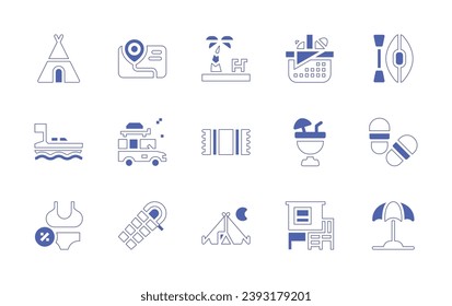 Holiday icon set. Duotone style line stroke and bold. Vector illustration. Containing swimming pool, picnic basket, beach towel, cocktail, camping tent, shack, boat, slippers, bikini, sun umbrella.