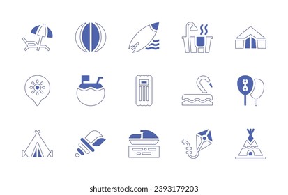 Holiday icon set. Duotone style line stroke and bold. Vector illustration. Containing sun umbrella, holidays, tent, bath, flamingo, kite, surf, floating bed, jet ski, ball, coconut, sea snail, balloon