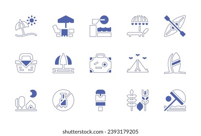 Holiday icon set. Duotone style line stroke and bold. Vector illustration. Containing sun umbrella, sunbed, basket, umbrella beach, tent, no holidays, sun bath, kayak, camping, surfing, sukkot, beach.