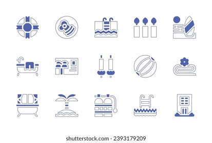 Holiday icon set. Duotone style line stroke and bold. Vector illustration. Containing swimming, candles, ball, oxygen tank, swimming pool, floating, surfboard, bathtub, towel, hotel, breakfast.