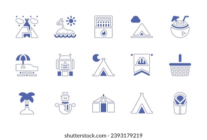 Holiday icon set. Duotone style line stroke and bold. Vector illustration. Containing tent, island, beach, backpack, palm tree, snowman, coconut drink, banderole, picnic basket, sleeping bag, matches.