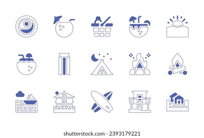 Holiday icon set. Duotone style line stroke and bold. Vector illustration. Containing breakfast, coconut, coconut drink, mat, sailing, beach, sun, fire, life guard, cabin, picnic basket, tent, surf.