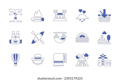 Holiday icon set. Duotone style line stroke and bold. Vector illustration. Containing activities, hat, sunset, picnic basket, sea, tent, camping tent, coconut tree, palm tree, bonfire, backpack.
