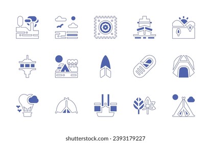 Holiday icon set. Duotone style line stroke and bold. Vector illustration. Containing ship, sunset, sleeping bag, tent, leaves, camping, trees, landscape, control tower, lanscape, hot air balloon.