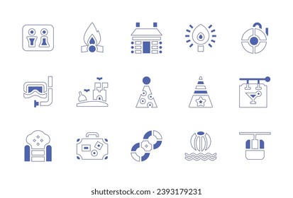 Holiday icon set. Duotone style line stroke and bold. Vector illustration. Containing cabin, candle, party hat, float, ball, restroom, life preserver, snorkeling, pub, sofa, funicular, bonfire, sand.