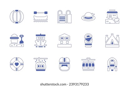 Holiday icon set. Duotone style line stroke and bold. Vector illustration. Containing boat, ship, cable car, beach hut, camping tent, rescue boat, stairs, stilt house, helmet, beach ball, sand bucket.