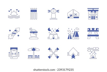 Holiday icon set. Duotone style line stroke and bold. Vector illustration. Containing sunrise, firecracker, backpack, architecture, camping tent, tent, rafting, air mattress, sand bucket, sun umbrella