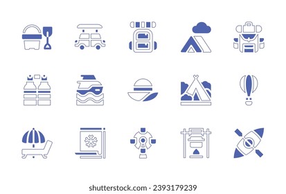 Holiday icon set. Duotone style line stroke and bold. Vector illustration. Containing car, backpack, yatch, sun hat, calendar, ferris wheel, hot air balloon, kayak, sand bucket, gas cilinder, sunbed.