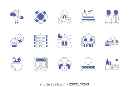 Holiday icon set. Duotone style line stroke and bold. Vector illustration. Containing hot air balloon, chestnut, coconut drink, bonfire, jet ski, camping, ski lift, necklace, sunrise, life ring.